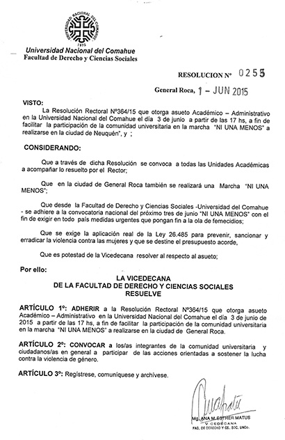 ADHESIÓN AL ASUETO PRO MARCHA "NI UNA MENOS" EN LA FADECS